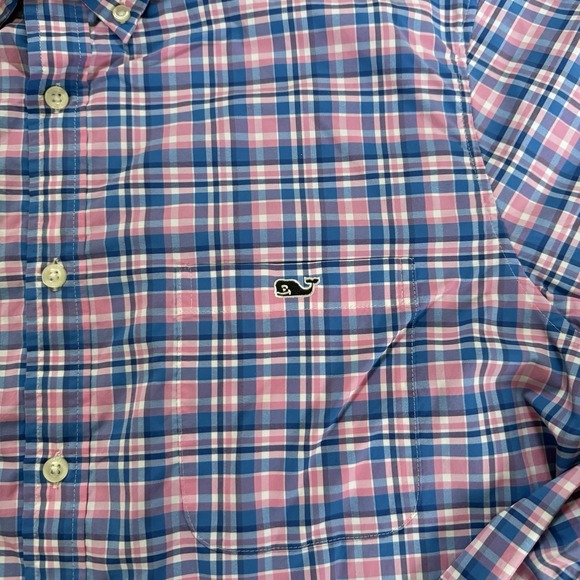 Vineyard Vines Shirt Mens Xl Blue Pink Plaid OTG On the Go Performance brr Nylon - Picture 6 of 9